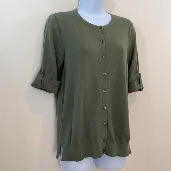 LOFT Rolled Cuff Short Sleeve Button Up Sweater - Picture 4 of 6